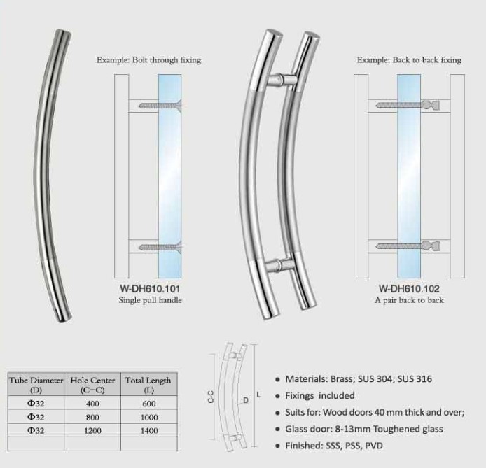 China Modern curve Bar timber Door Handle Pull push Glass door Entry Exterior Interior Gate Entrance Brushed Finish W-DH610 on sale