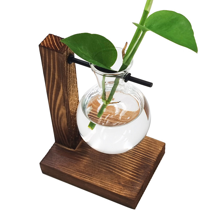 Terrarium Hydroponic Plant Vases Vintage Flower Pot Transparent Vase Wooden Frame Glass Tabletop Plants Home Bonsai Deco
