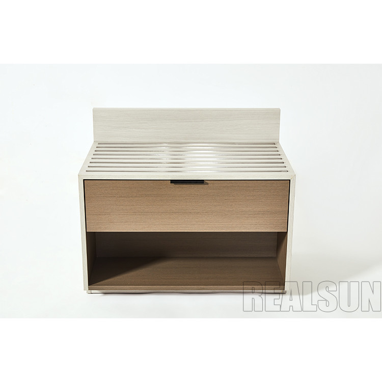 China Hampton Inn Hotel HPL Solid Wood Bedside Table With Drawer And Soft Close Drawer Slides on sale