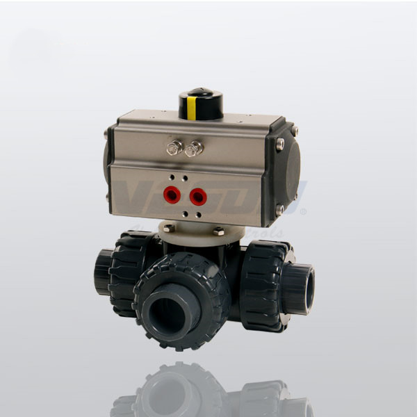 China PVC Pneumatic Three way Ball Valve Direct Mount For Low Profile ISO5211 Standard on sale