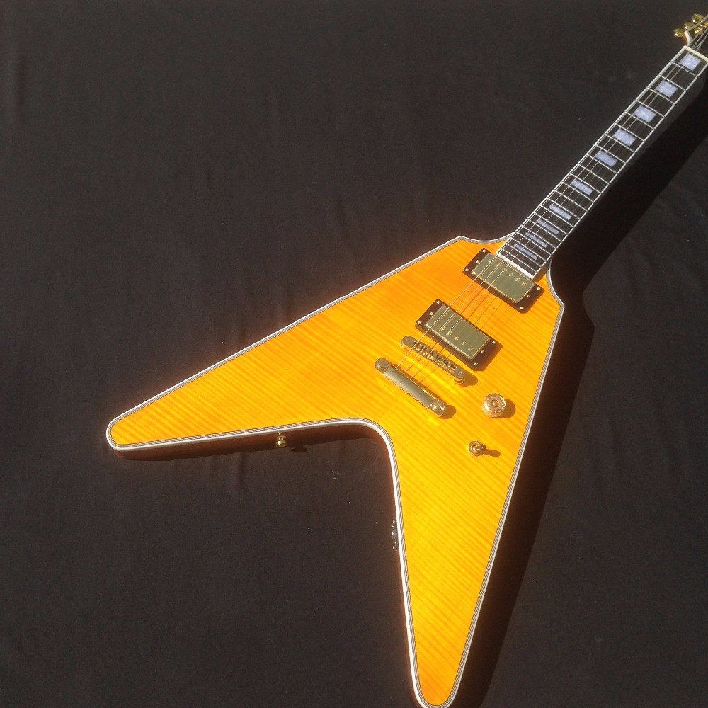 China Good quality Electric Guitar with yellow colors and flybird shape by two pickups flying v electric guitar on sale