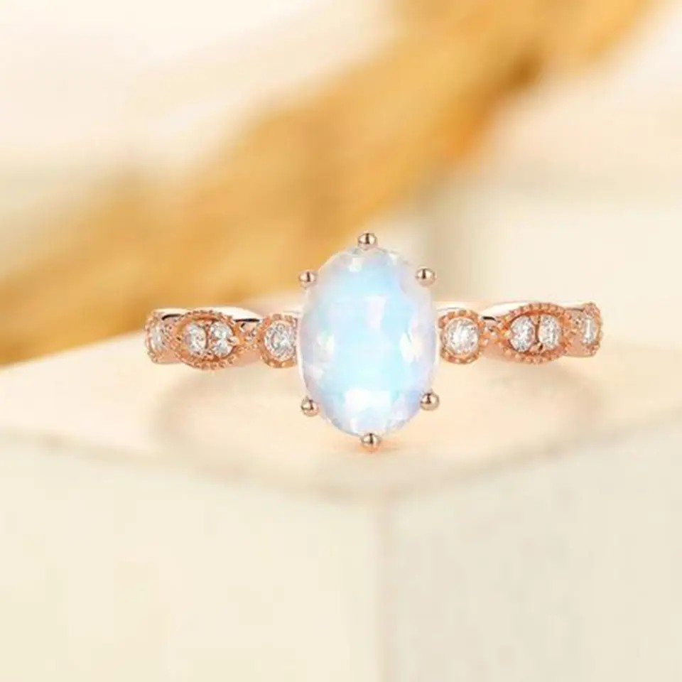 China 925 Sterling Silver CZ Jewelry Dainty Rings Natural Faceted Blue Moonstone Ring on sale
