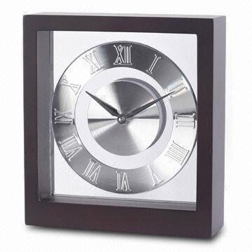 Cheap Wooden/Glass Table Clock with Metal Dial Plate, Battery Operated for sale