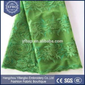 China Green embroidery lace in switzerland / african lace and tulle fabric with rhinestones on sale