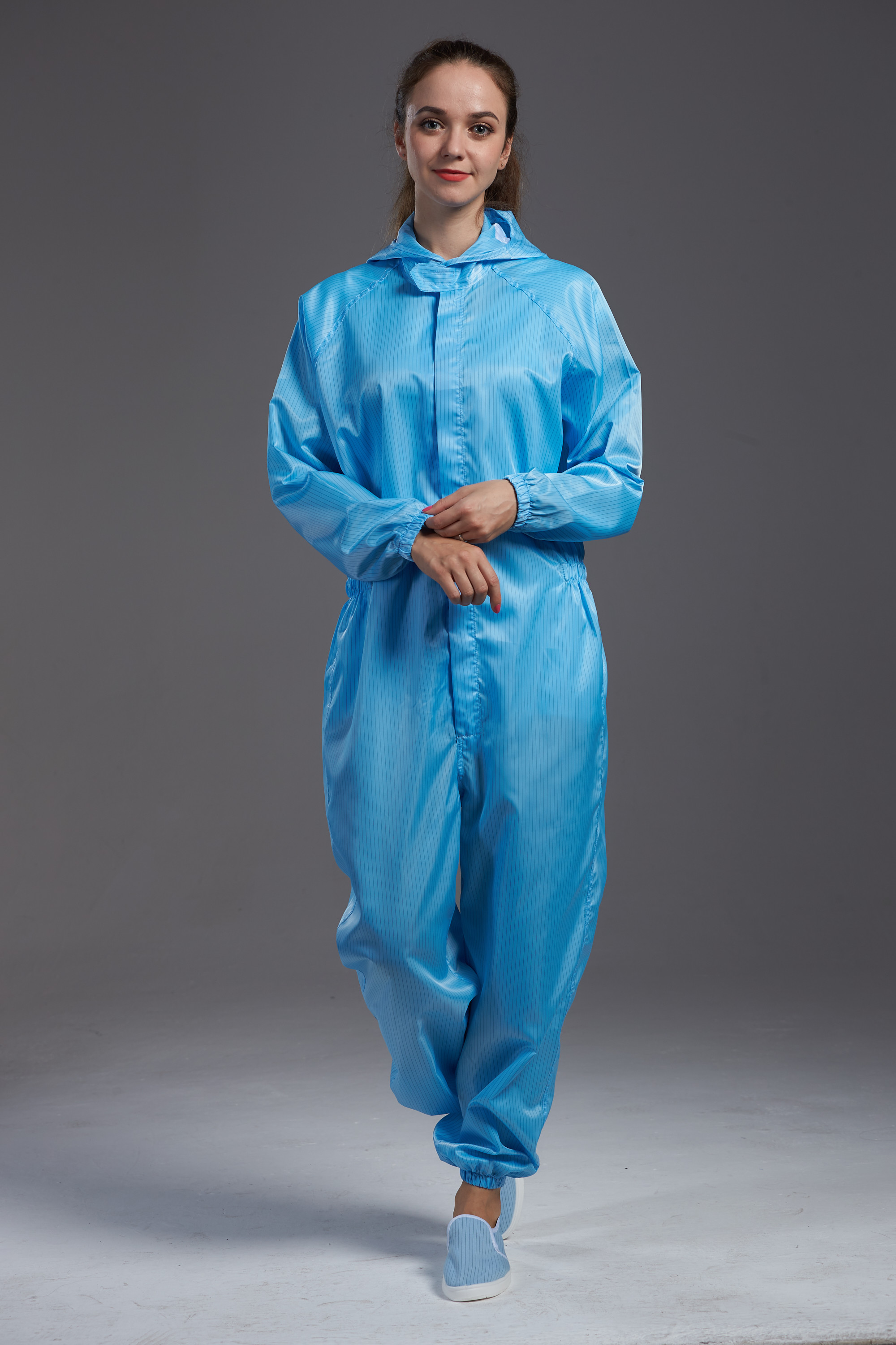Best ESD Cleanroom Anti static coverall connect with hood blue color conductive fiber wholesale