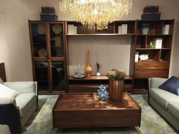 2017 New Walnut Wood Furniture Design Living room Combined TV Wall Units by Tall Cabinets and Floor stand & Hang Racks