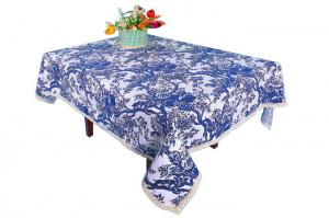 Best Blue And White Custom Printed Tablecloths Hemstitch Design For Office Writing Desks wholesale