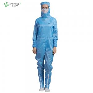Best ESD antistatic sterilized dust-free sided open coverall blue color with hood and mask for class 100 cleanroom wholesale