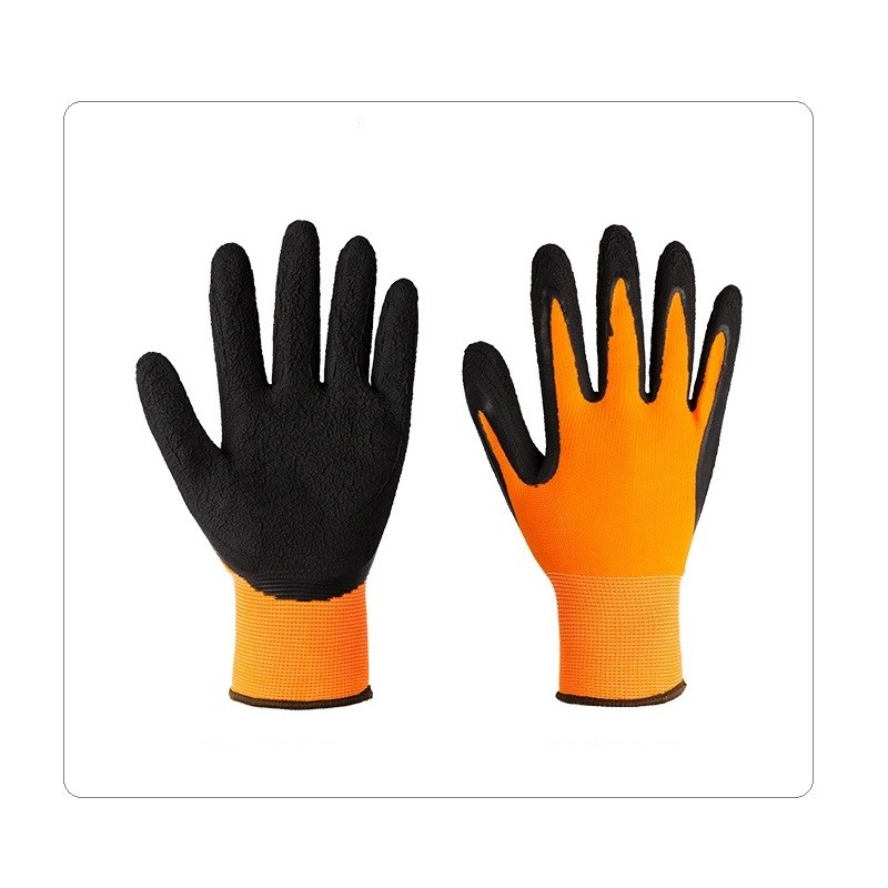 China Orange Polyester Liner Black Microfoam Latex Palm Gloves For Warehouse Handling Use on sale