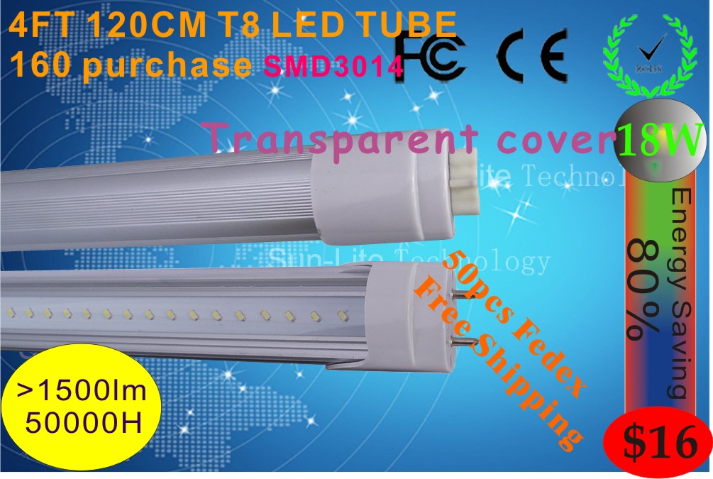 3014smd 160 leds LED Tube T8 1200mm 18W Light Lamp Transparent cover 1600LM 85-265V