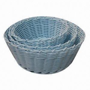 Round Storage Basket in Light Blue, Made of Plastic Rattan, Used for Packing and Storage