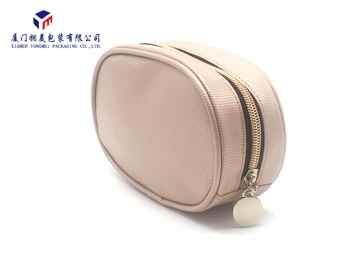 Best Oval Shape Custom Leather Cosmetic Bag Simple Fashion Design With Metal Zipper wholesale