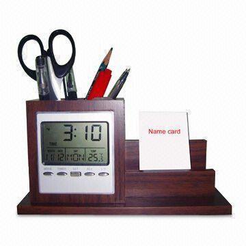 Wooden Pen Holder with Clock and Namecard Holder