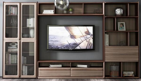 2017 New Walnut Wood Furniture Design Living room Combined TV Wall Units by Tall Cabinets and Floor stand & Hang Racks