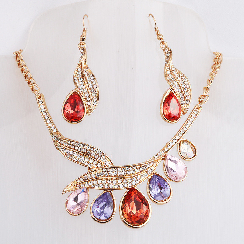China Colorful zircon new drop water design gold silver plated necklace earrings jewelry sets for party and banquet on sale