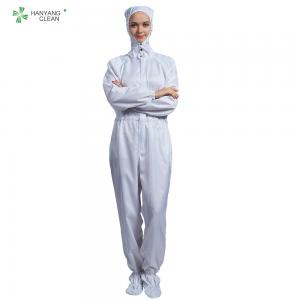 Best ESD antistatic sterilized lint-free hooded coverall white color with conductive fiber for class 1000 cleanroom wholesale