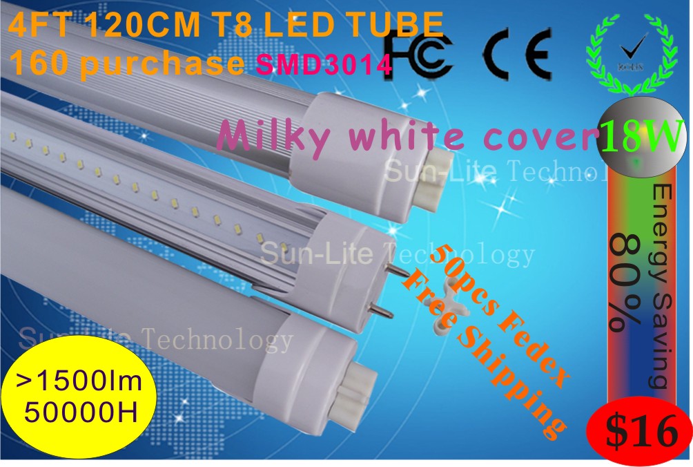 160 SMD3014 leds T8 LED Tube 1200mm 18W Light Lamp Milky white cover High quality1600LM 85-265V