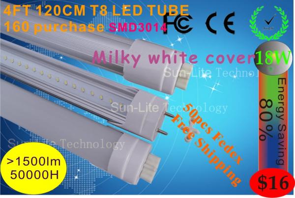 Cheap 160 SMD3014 leds T8 LED Tube 1200mm 18W Light Lamp Milky white cover High quality1600LM 85-265V for sale