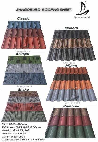 Sangobuild China price 24 25 26 gauge red black stone coated ceramic tiles metal roofing shingles for house roof plan