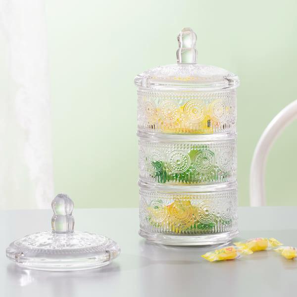 Cheap Stackable Clear Glass Storage Jar 10 Inch 3 Tier Glass Candy Dish Machine Pressed for sale