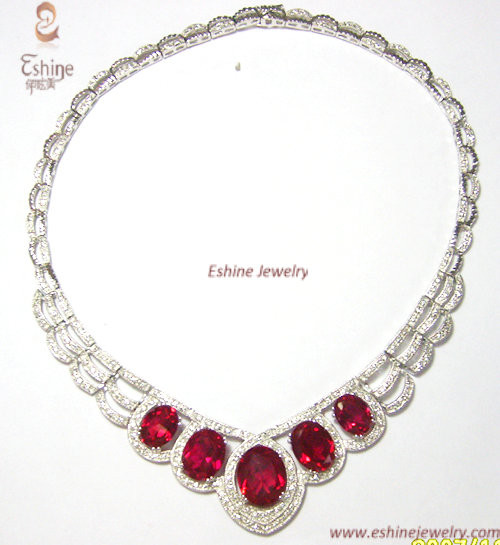China Large Honest Quality Sterling Silver CZ jewelry wedding necklace with garnet & clear CZ on sale
