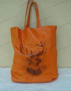 European design goats artwork orange leather trim tote bag North-South bag