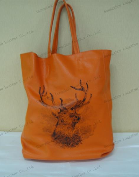 Cheap European design goats artwork orange leather trim tote bag North-South bag for sale