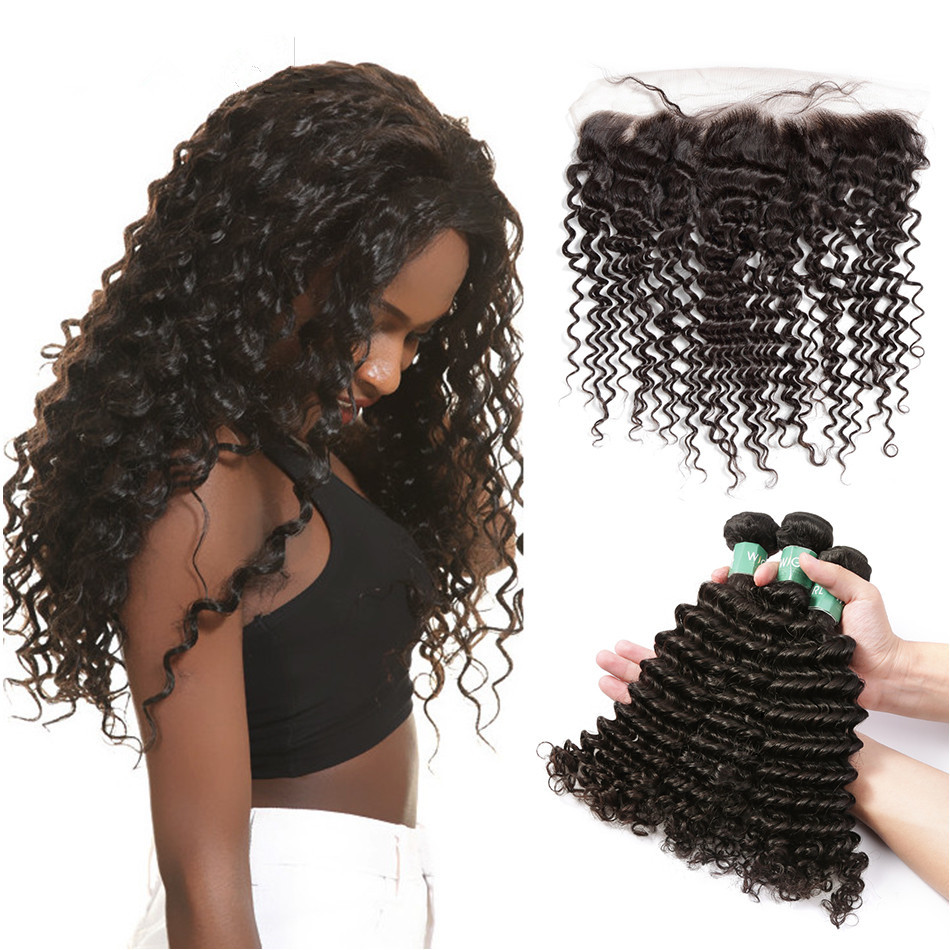 Cheap Smooth Deep Wave Bundles With Lace Frontal 8A Virgin Brazilian Hair / Soft Black Human Hair for sale