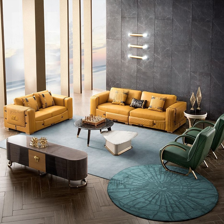 China Tufted Design Italian Living Room 277*98cm Yellow Leather Sofa on sale