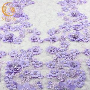 China Embroidered 3D Flower Lace Fabric / Purple Lace Material Polyester For Evening Dress on sale