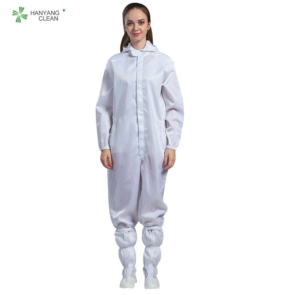 Best ESD cleanroom anti-static hooded coverall white color with conductive fiber for parmaceutical industry wholesale