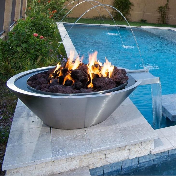 China Swimming Pool Decorative Gas Round Stainless Steel Fire and Water Bowl on sale