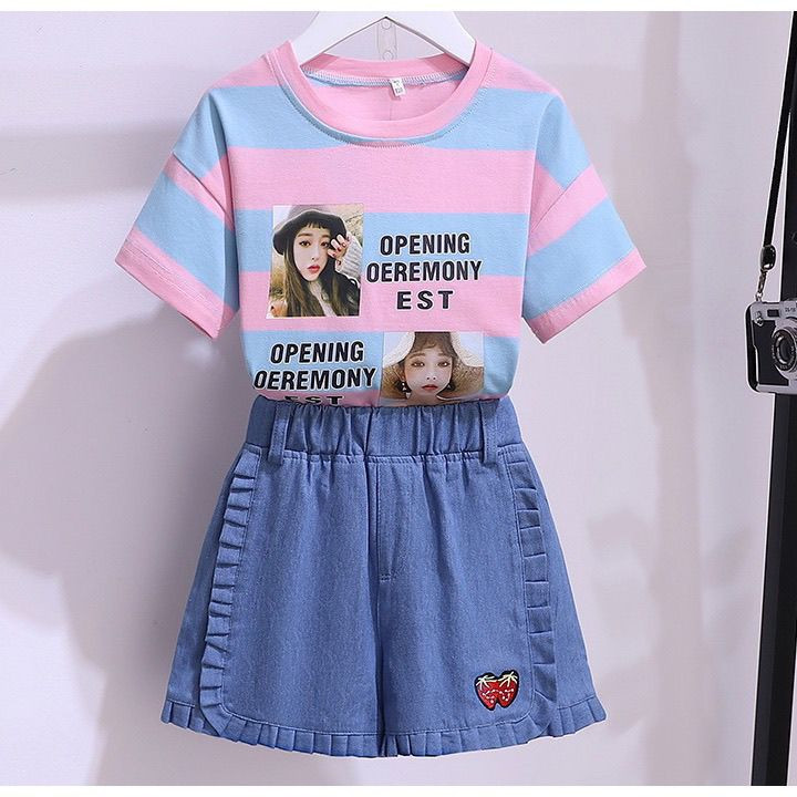 China Striped Strawberry Denim Fabrics Primary Children'S Clothing Girl'S 2pcs Set on sale