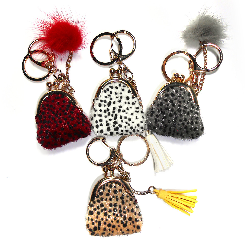China Dark Red Polyester Engraved Logo Coin Bag Keychain With Pom Pom Decoration on sale