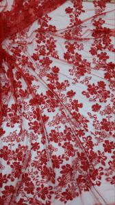 China French Chantilly Floral Red Beaded Lace Fabric , Hand Beaded Mesh Fabric For Wedding Dress on sale