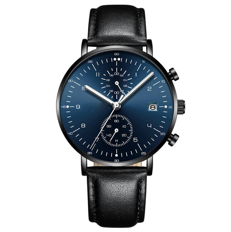China Chronograph Function Alloy Men Quartz Wristwatch Black Genuine Leather Strap Watch on sale