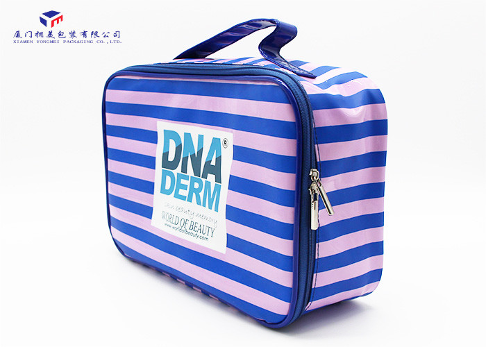 Best Pink / Blue Stripe Soft PVC Bags Blue Zipper With Two Metal Heads Reusable Design wholesale