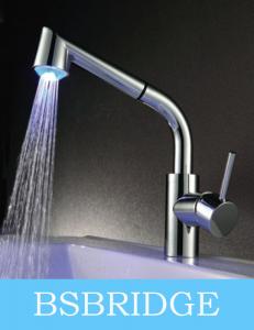 China BSBRIDGE Brass Single Lever Pull-out Shower Kitchen Mixer LED Sink Faucet Color Changing with Water Color on sale