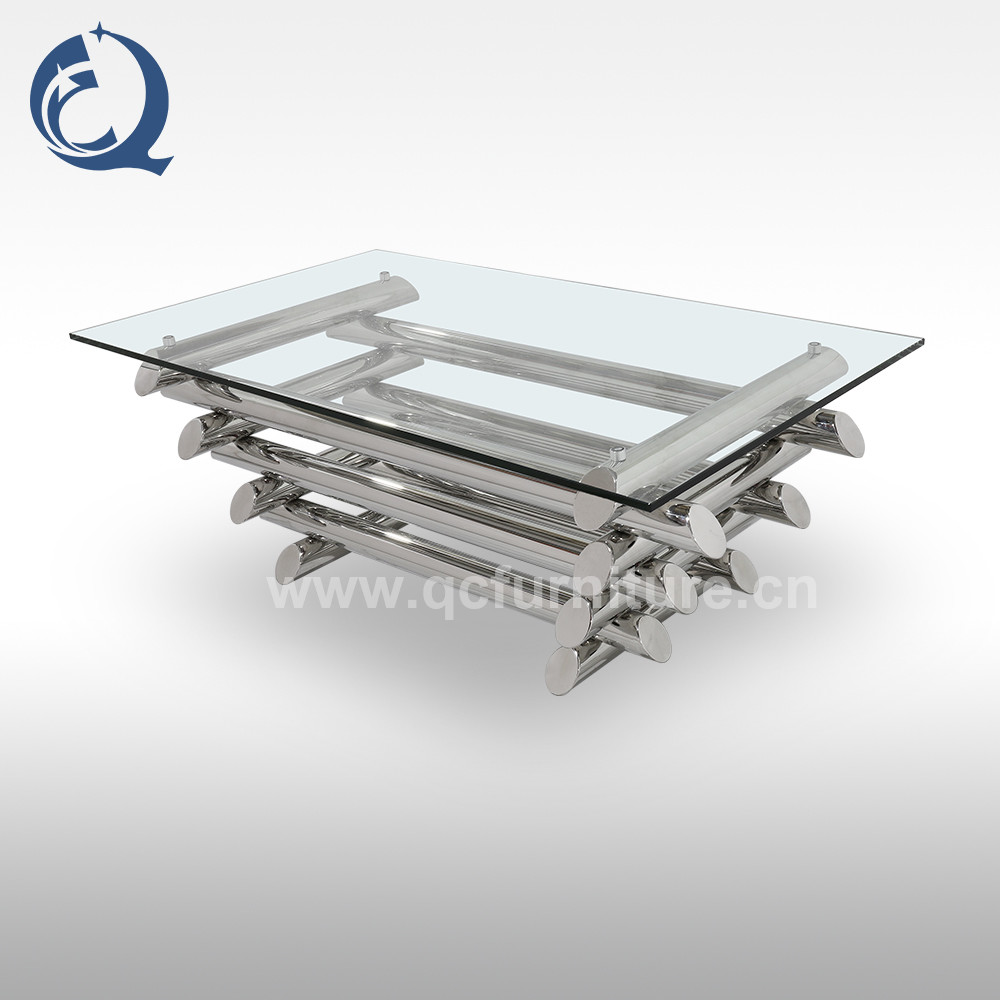 China Clear Stainless Steel Square Glass Coffee Table Chrome Finished on sale