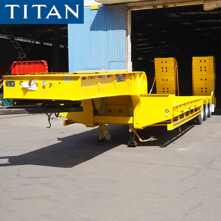 China Used & New 3 Axle Drop Deck Low Bed Trailer with Folding Ramp on sale