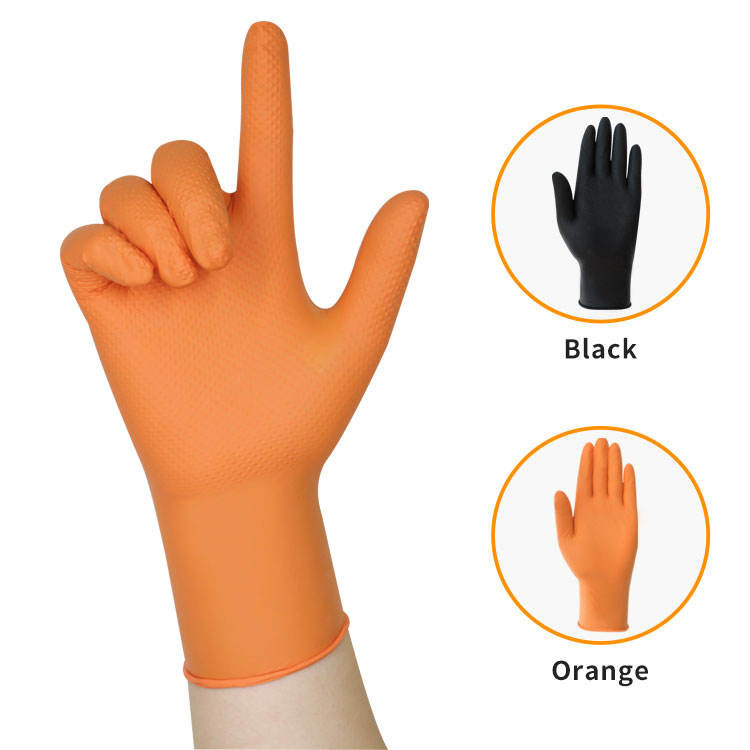 China Heavy Duty Orange Nitrile Gloves Xl Powder Free Diamond Textured on sale