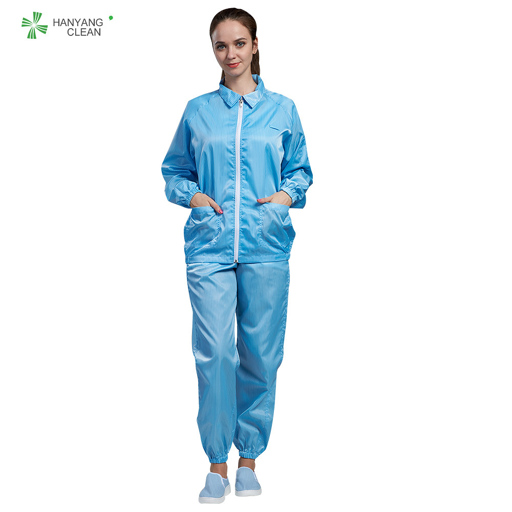 Best ESD Anti static cleanroon jacket and pants autocalved sterilization blue color straight open zipper style wholesale