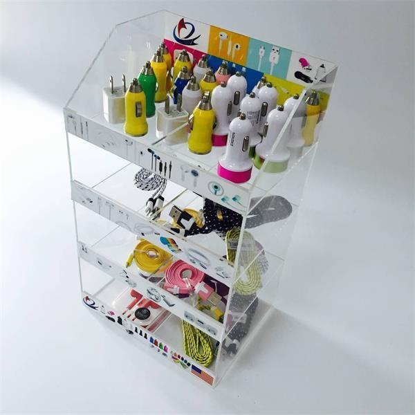 Cheap 4 tier clear counter top cabinet acrylic cell phone accessory display stand manufacturing for sale