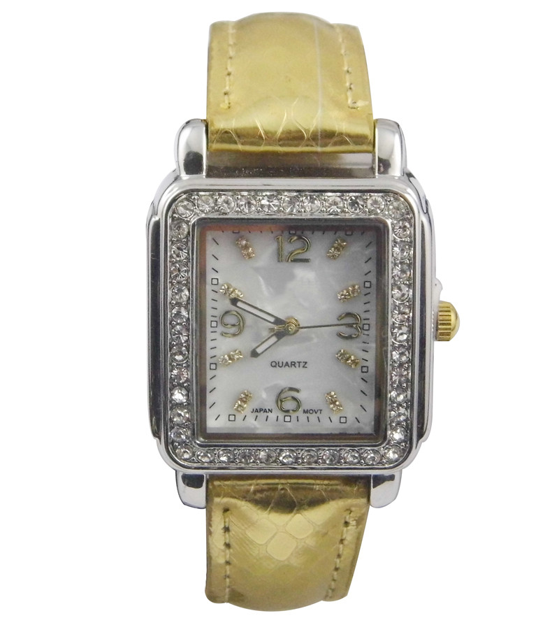 China Diamond Studded Womens Quartz Watches Square Case Gold Leather Band on sale
