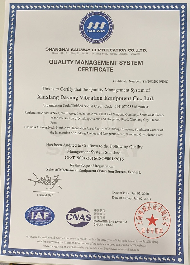 Xinxiang Dayong Vibration Equipment Co., Ltd. Certifications