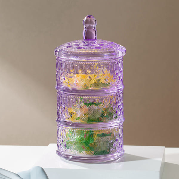 Purple Stacking Clear Glass Storage Jar 10 Inch Height Three Tier Glass Candy Dish