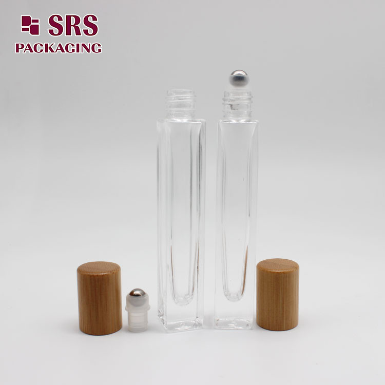 SRS cosmetic clear 10ml perfume square glass roller bottle with bamboo cap