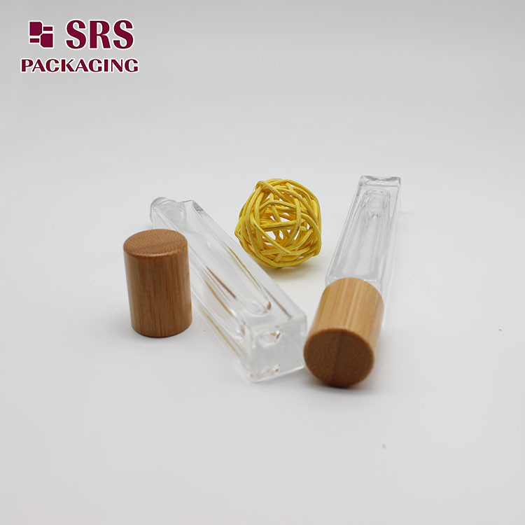 SRS cosmetic clear 10ml perfume square glass roller bottle with bamboo cap