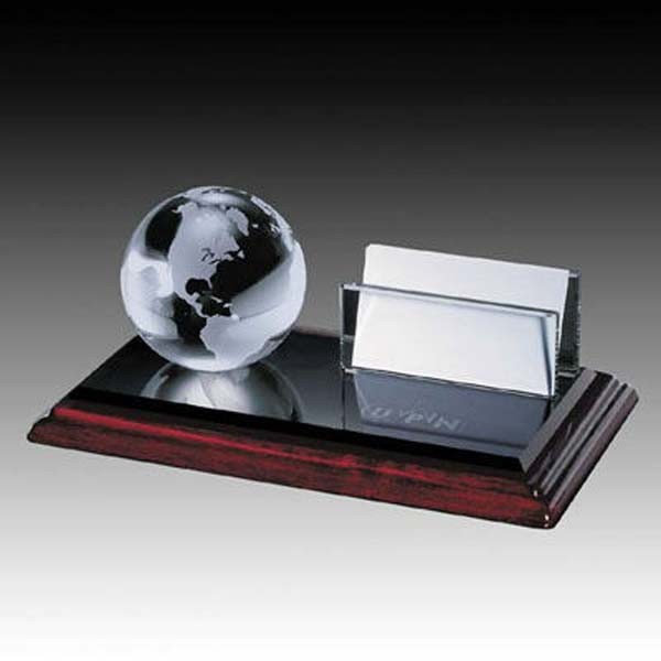 custom globe crystal name card holder on wooden base