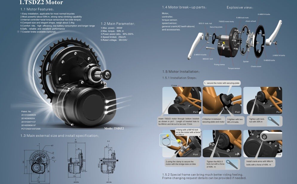China Torque Sensor 36V 350W 42T Chainwheel Electric Bicycle TSDZ2 Mid Central Motor Conversion on sale